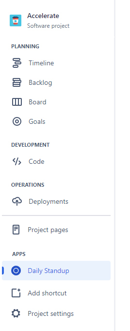 The daily standup dashboard app is located in the left sidebar of your Jira projects
